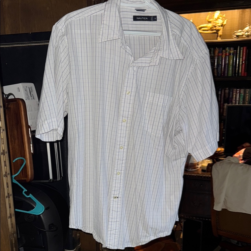 Nautica Blue and White Casual Button Down Shirt with Relaxed Fit